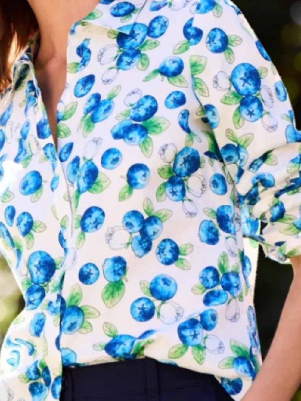Foxcroft No-Iron Hampton Blue Berry-Print Blouse - Medium